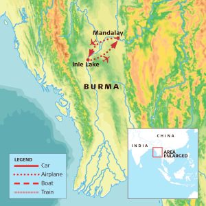 Map of the Better Moments Burma 2024 trip w. Steve. McCurry