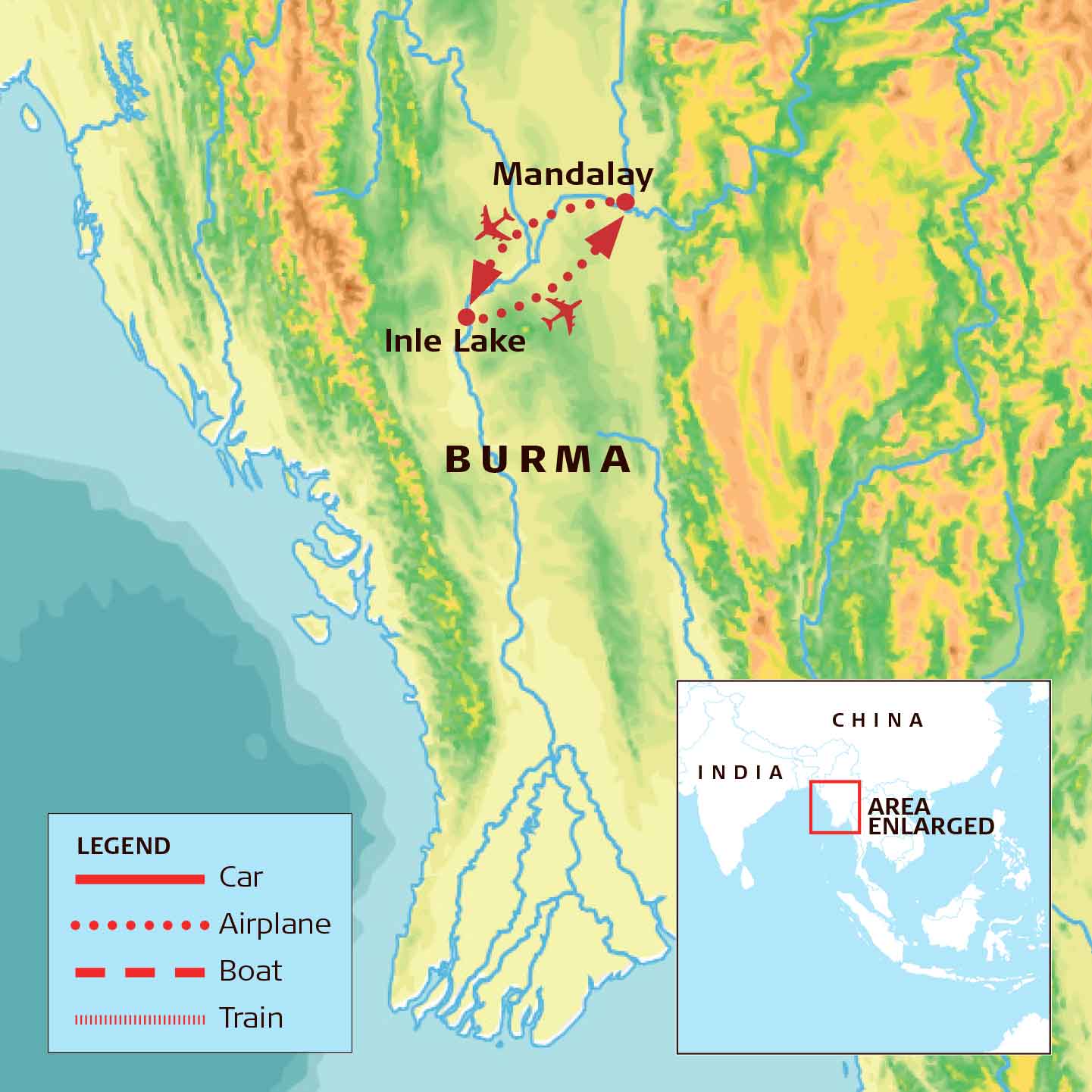 Map of the Better Moments Burma 2024 trip w. Steve. McCurry
