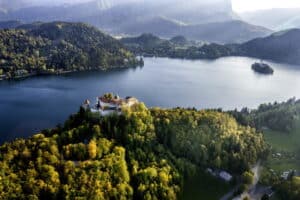 Aerial from Lake Bled, Slovenia
