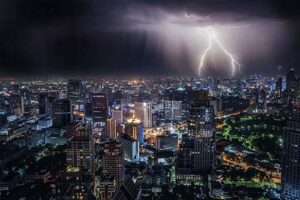Lightning illuminates Bangkok during a thunderstorm
