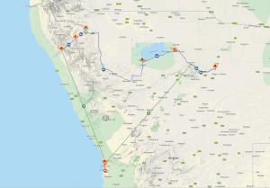 Map for Into the wild Namibia that shows different stops of the itinerary