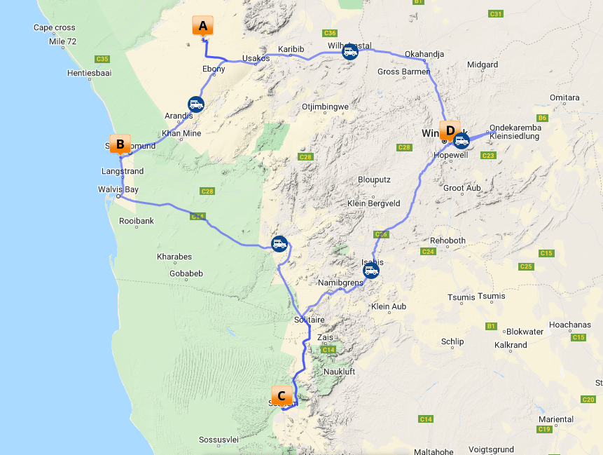 map with hotel locations for Namibia workshop