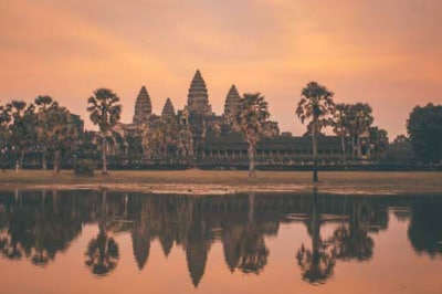 Angkor Wat temple complex in mirror