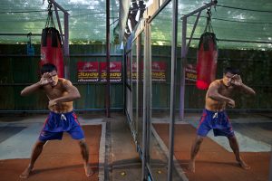 boxing in Bangkok with mirror reflection